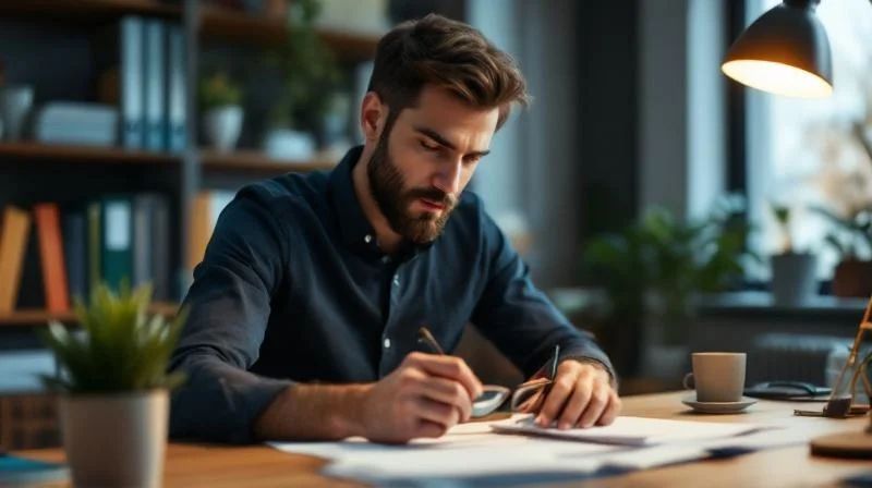 Frau berechnet am Schreibtisch Foerdermoeglichkeiten fuer ihre Weiterbildung in NRW