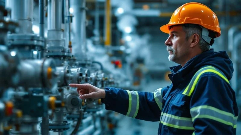 Gelsenkirchener Ausbilder bei BP erklärt einer Auszubildenden Prozessanlagen
