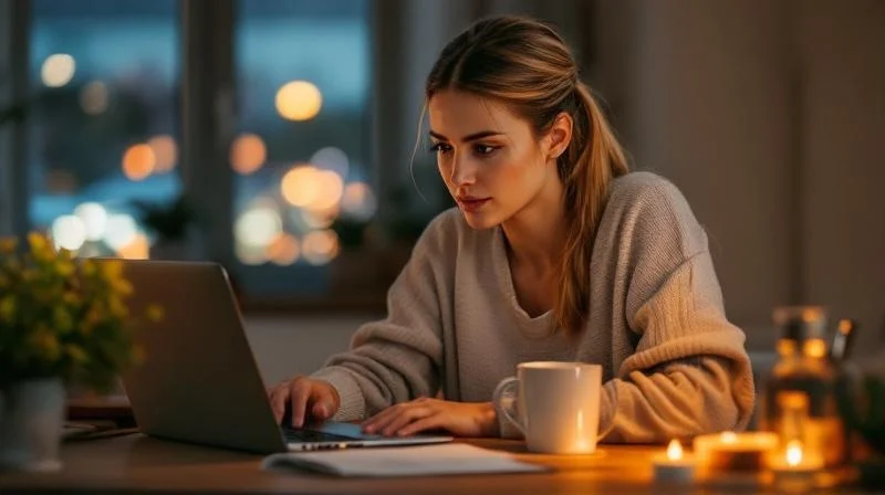 Frau in Gelsenkirchen lernt am Abend am Laptop fuer ihre IHK-Fortbildung