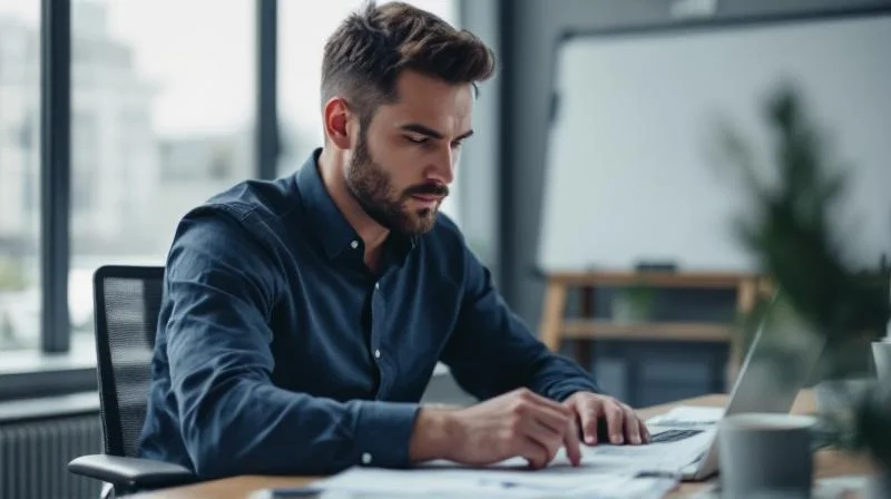 Mann am Laptop in einem modernen Buero in Gelsenkirchen, arbeitet konzentriert an seiner Weiterbildung