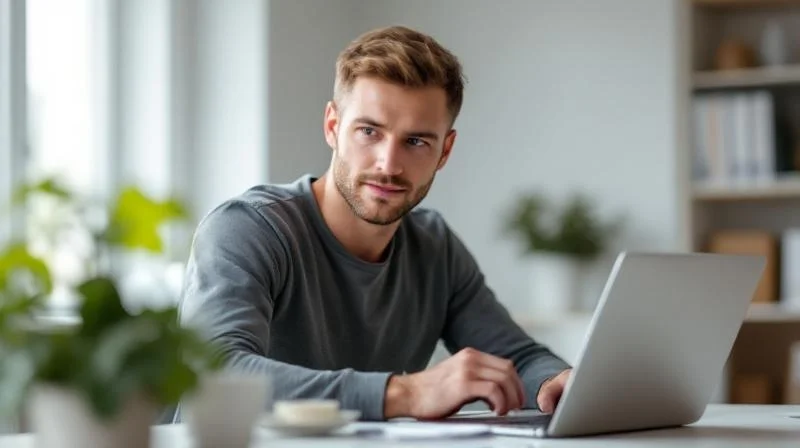 Mann sitzt mit Laptop in einem hellen Buero in Gelsenkirchen und arbeitet an einem KI-Kurs