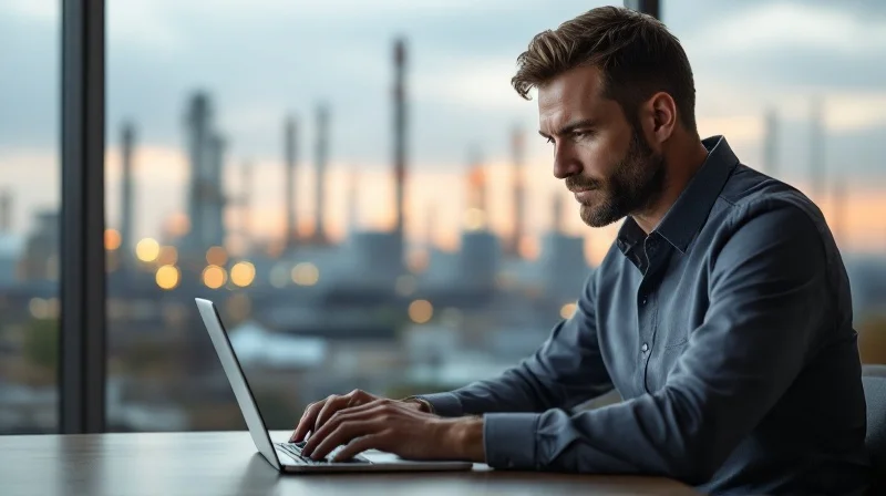 Geschäftsführer im Gelsenkirchener Büro vor Industrie-Skyline mit Raffinerie-Türmen