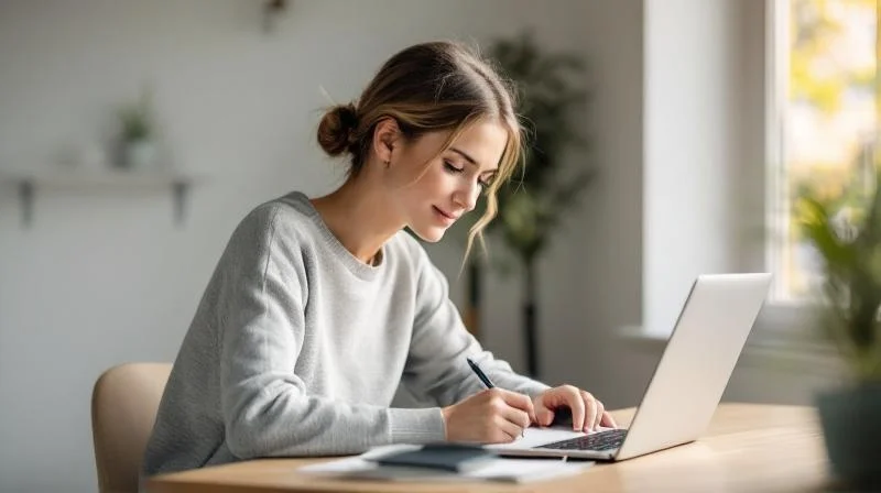 Frau lernt am Laptop in einem hellen Raum mit Blick auf Gelsenkirchen