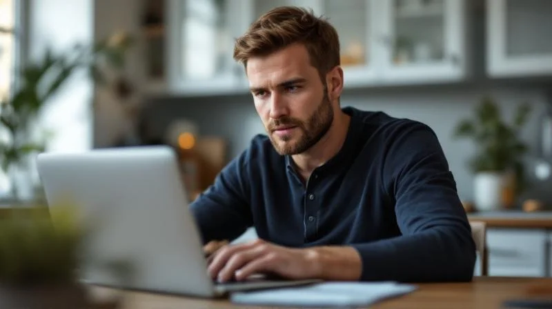 Mann arbeitet konzentriert am Laptop in einer modernen Wohnung in Gelsenkirchen